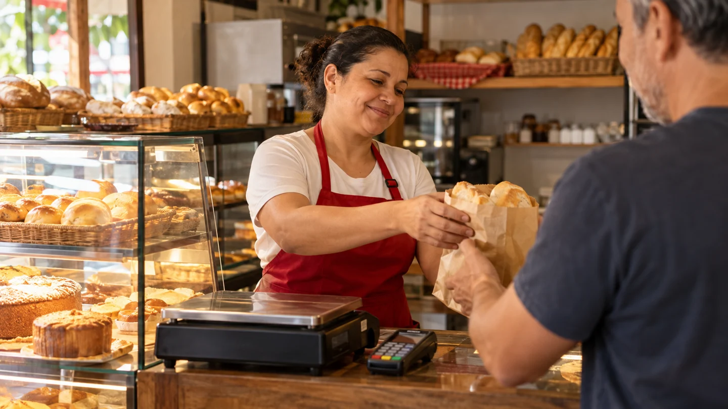 Atendente entregando um pacote de pães a um cliente no balcão de uma padaria